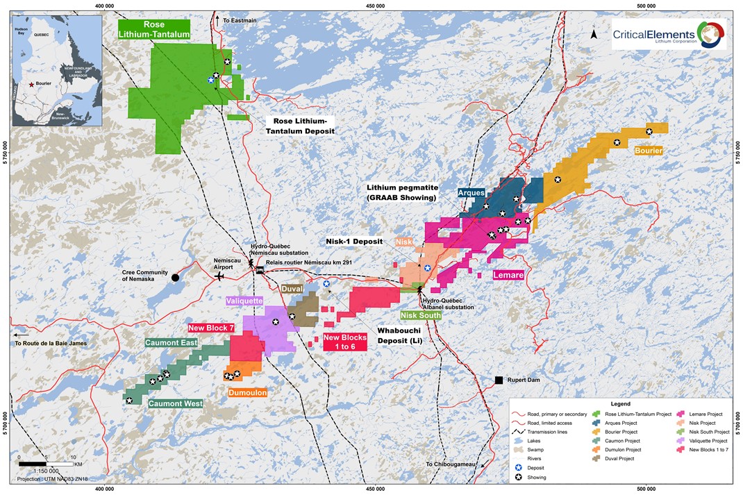 Figure 1. Location of known lithium deposits and showing and Bourier (in gold) Showing in the James Bay area of Quebec.